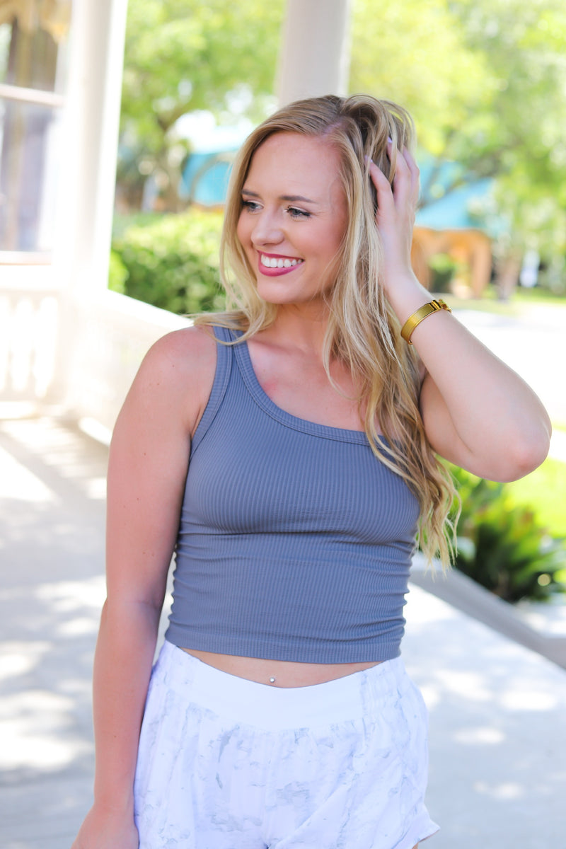 ONE SHOULDER RIBBED SEAMLESS TOP ZINK GRAY