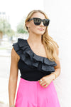 SAND AND SUN ONE SHOULDER RUFFLE TOP BLACK